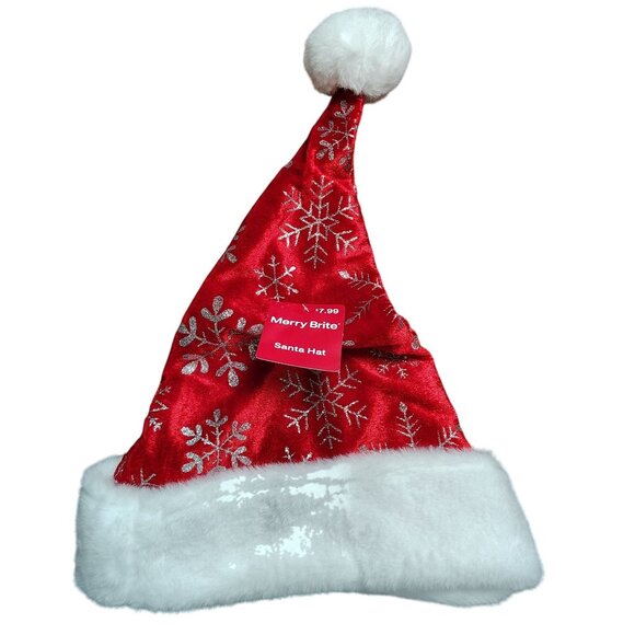 Merry Brite 17 inch Red Snowflake Santa Hat With White Faux Fur Trim and Pom-Pom - Picture 1 of 5